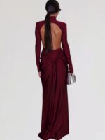 Μακρύ Μπορντό Φόρεμα με Ανοιχτή Πλάτη και Μακριά Μανίκια - Image 3